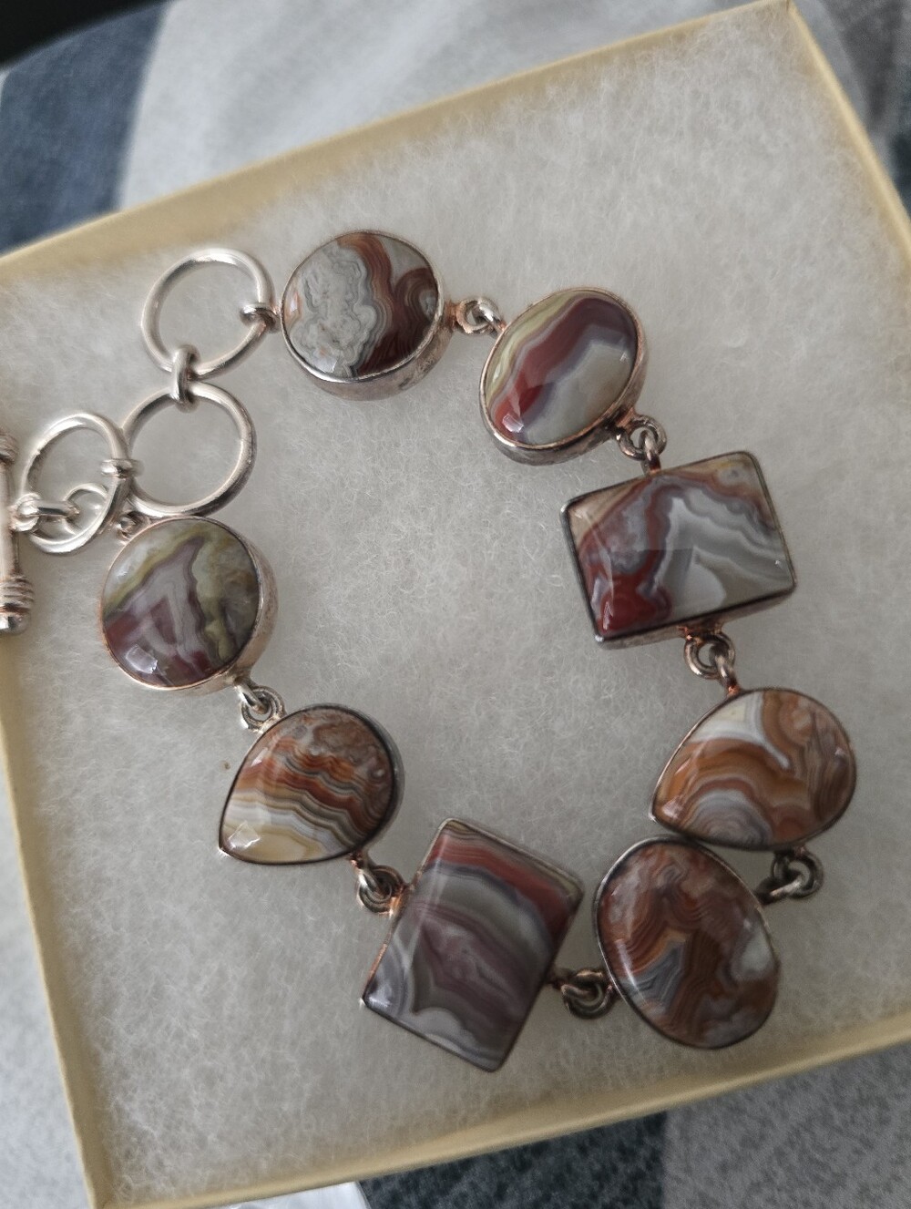 Vintage IG 925 Sterling Silver Israel Greenfeld Crazy Lace Agate Bracelet